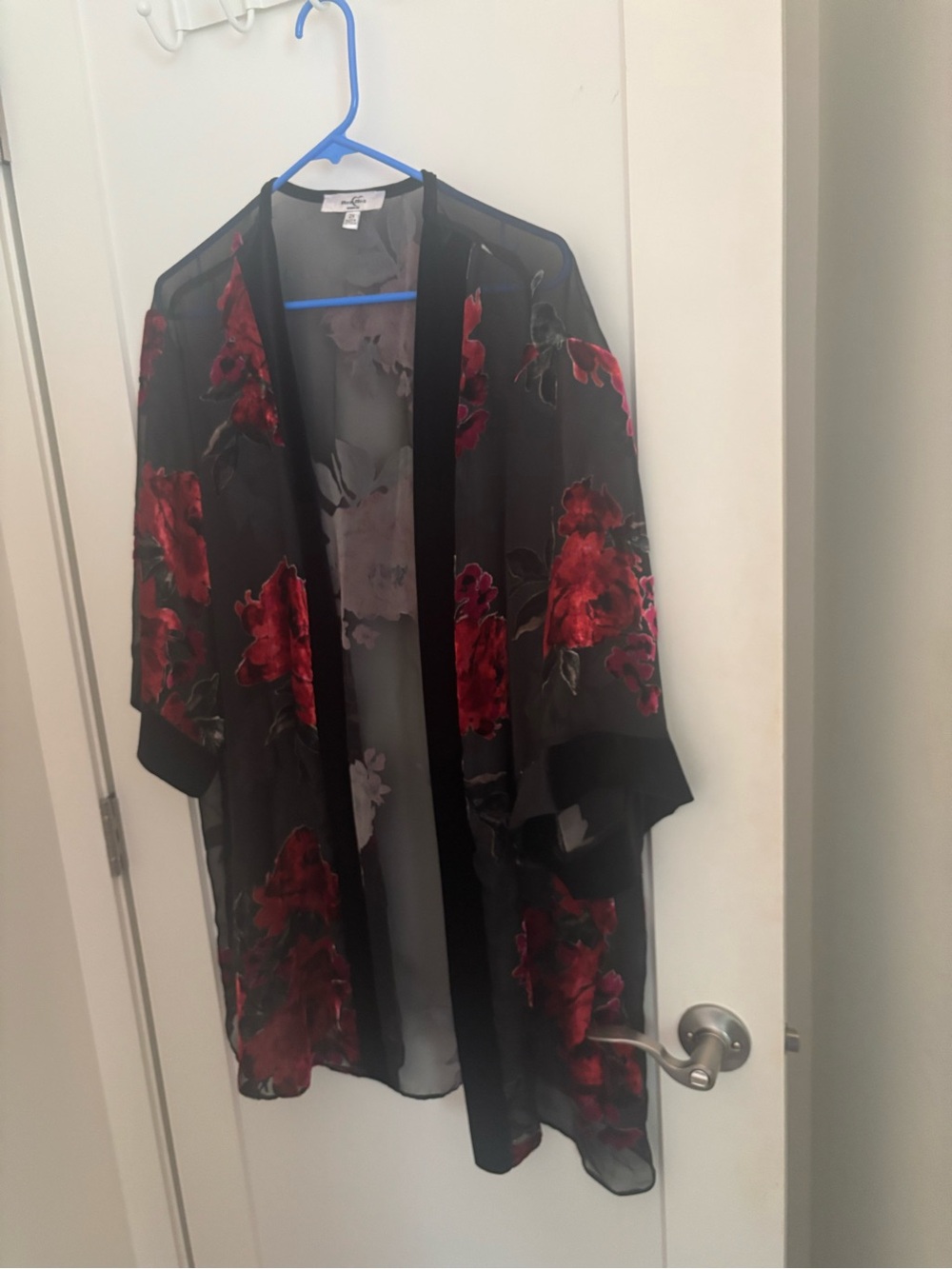 Moa Moa Black Sheer Floral Kimono with Red Accents
